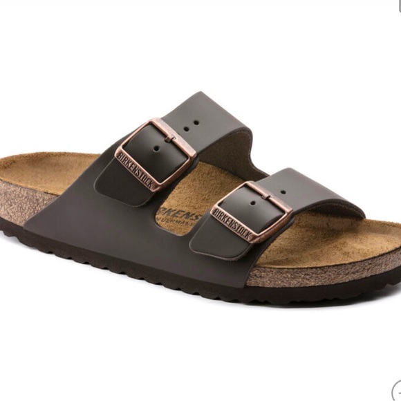 Birkenstock Shoes - Birkenstock Arizona Leather Slide Sandals Habana dark brown Narrow fit unisex